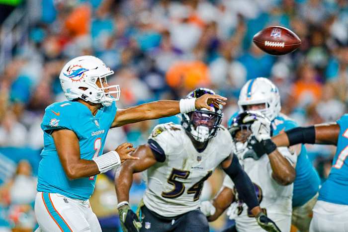 Tua Tagovailoa releases a pass against the Ravens during a 2021 game.